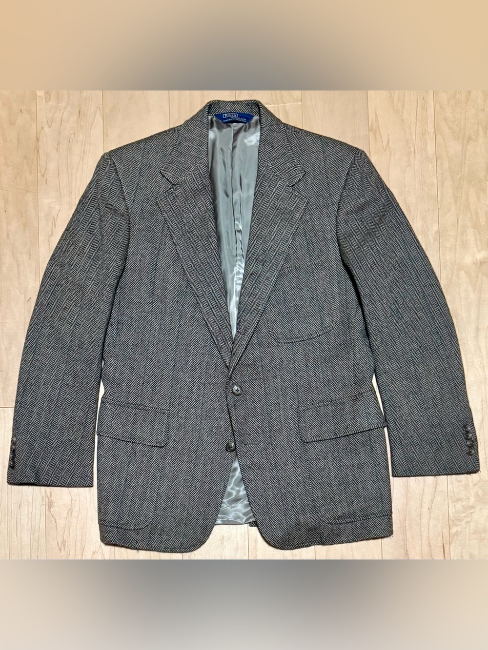 VTG Polo Ralph Lauren Tweed Blazer Patch Pocket Throat Latch Herringbone USA 42R